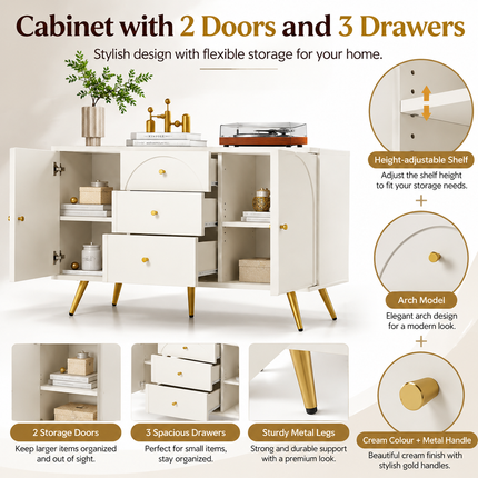 Sideboard Cabinet For Living Room, Chest Of Drawers With 2 Doors And 3 Drawers, Adjustable Shelf, Cream White, 40D X 140W X 84H CM