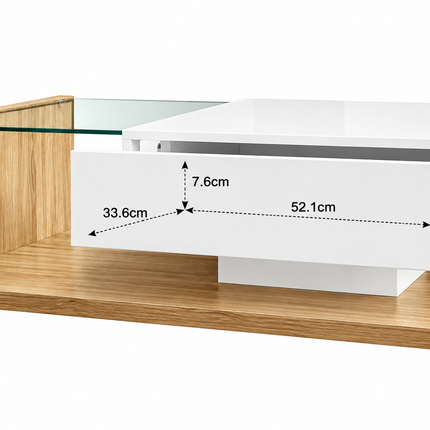 Coffee Table In High Gloss White And Wood Color Combination. Side Tables, Coffee Tables With Glass And LED