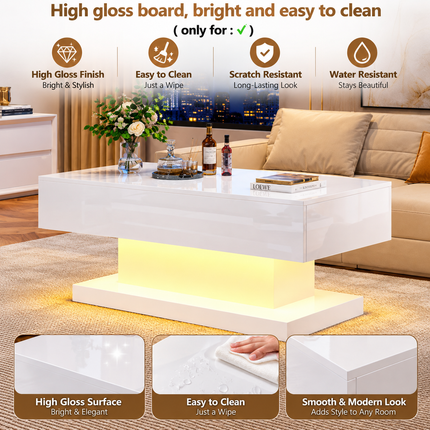 High Gloss Lift Up Top Coffee Table With Storage, Extendable Desktop Dinning Table 100 X 50 X 45 Cm, Height Adjustable Tabletop, Retractable Desk