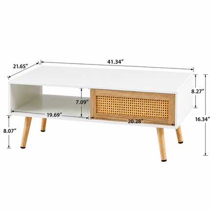 Modern Rattan Coffee Table with Storage, White & Natural Wood Mid-Century Living Room Table