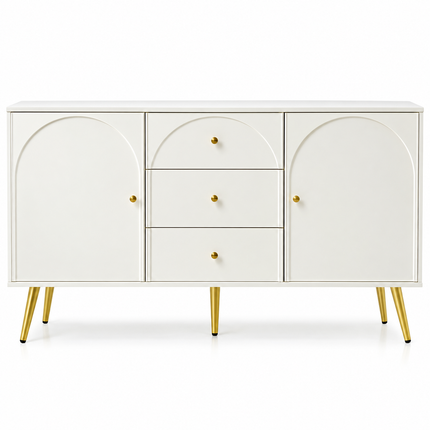 Sideboard Cabinet For Living Room, Chest Of Drawers With 2 Doors And 3 Drawers, Adjustable Shelf, Cream White, 40D X 140W X 84H CM