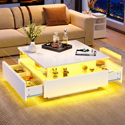 Coffee Table With Storage For Living Room, Modern LED Coffee Table, Square Tea Table With 2 Sliding Drawers Wood Center Table Acrylic Glass Coffee Table