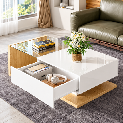 Coffee Table In High Gloss White And Wood Color Combination. Side Tables, Coffee Tables With Glass And LED
