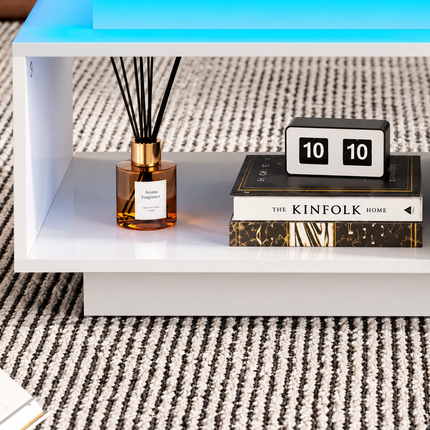 High Glossy LED Coffee Table With Drawer Storage, Wooden Centre Table With RGB Led Lights Rectangle Tea Table For Living Room Furniture, White Coffee Table With Open Display Shelf