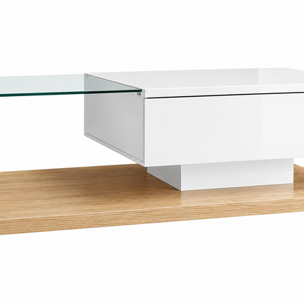 Coffee Table In High Gloss White And Wood Color Combination. Side Tables, Coffee Tables With Glass And LED