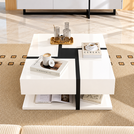 Coffee Table, Table With 4 Drawers, Unique Color Matching And Line Design, Storage Space At The Bottom. 78x78x36cm