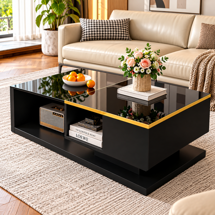 90 Cm Long Coffee Table, High-Gloss black. Side Tables, Coffee Tables With Glass And LED Effect