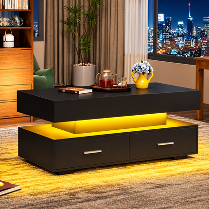 Hydraulic Lift Top Coffee Table, LED Coffee Tables With Storage For Living Room, Coffee Table With 2 Drawers & LED Light For Dining Reception Room, Black
