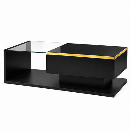 90 Cm Long Coffee Table, High-Gloss black. Side Tables, Coffee Tables With Glass And LED Effect